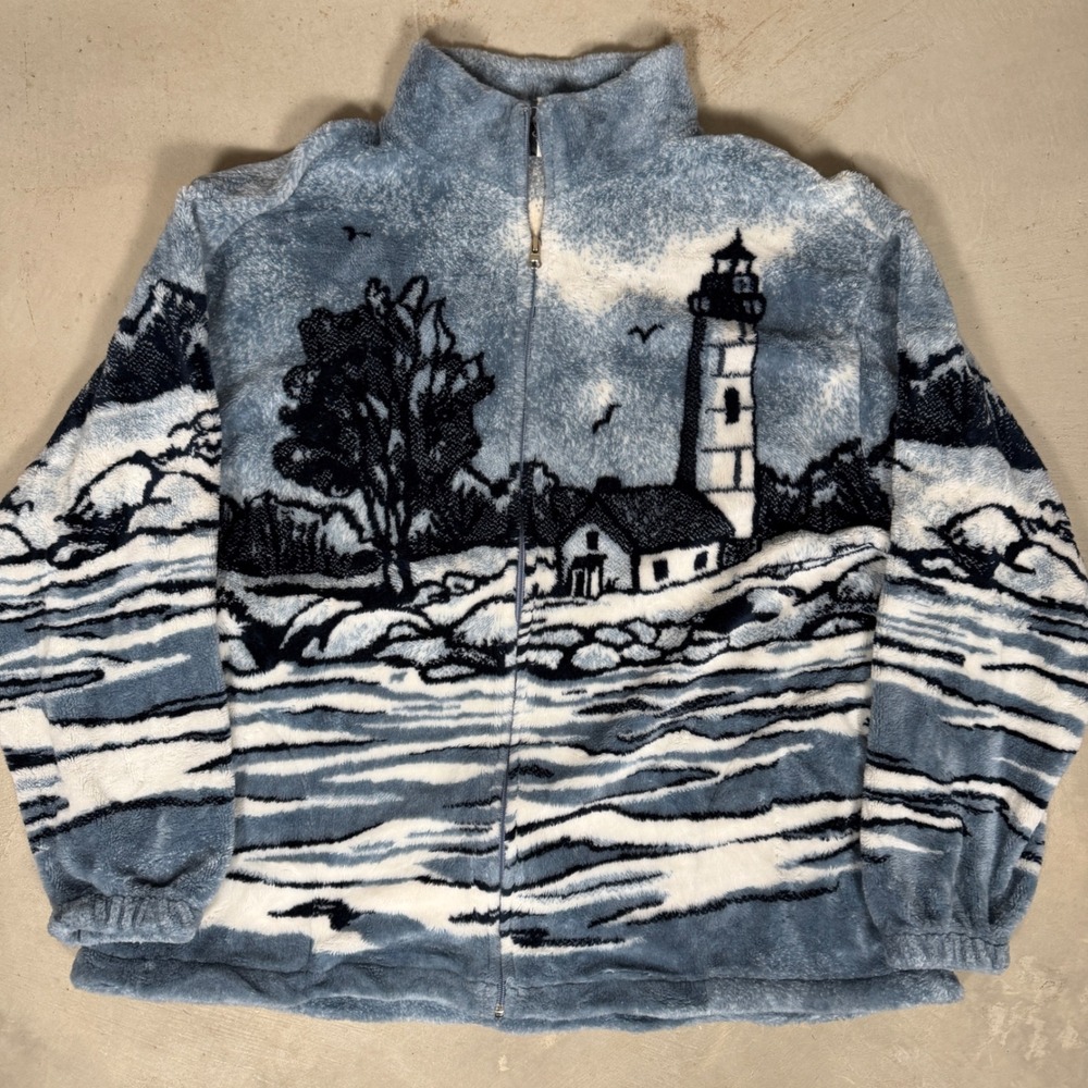 Art Unlimited Sportswear Lighthouse Fleece Jacket Mens XXL Blue Scenic Full Zip